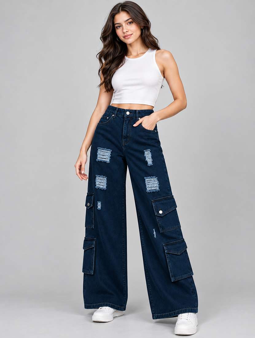 women solid high rise relaxed fit cargo