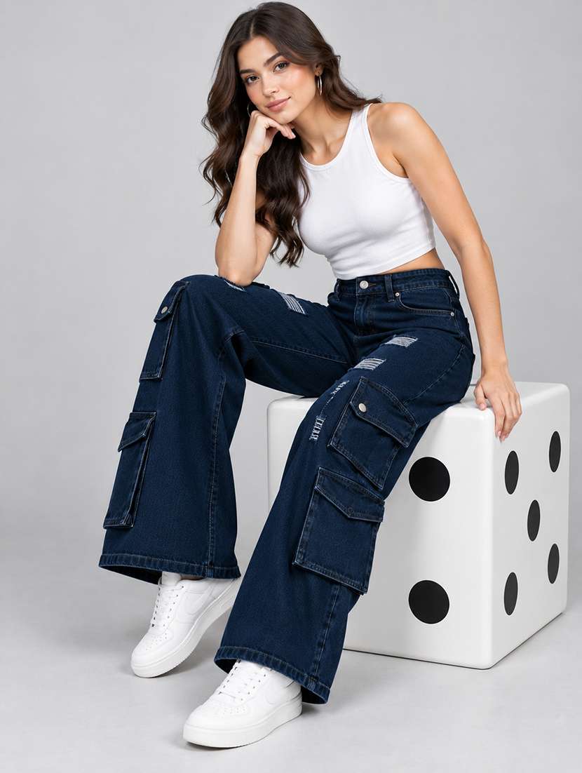 Women Solid High Rise Relaxed Fit Cargo - 22706044 -  Standard Image - 3
