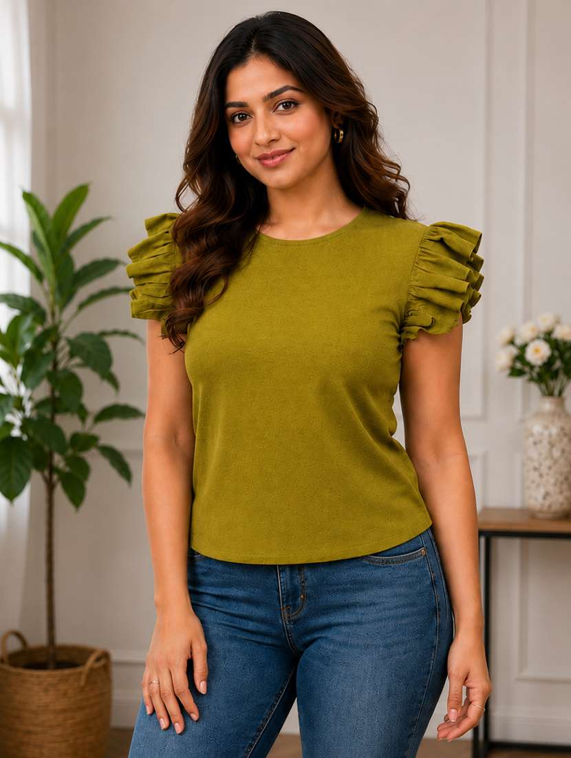 women solid ruffle sleeves regular top
