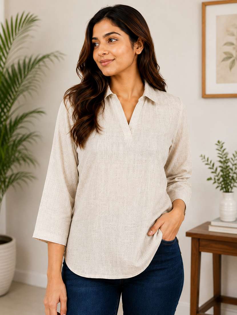 women self design three quarter sleeves regular top