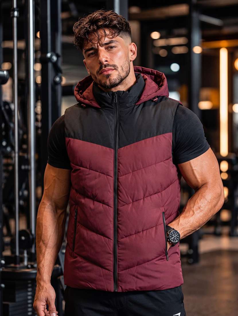 men colourblocked sleeveless hooded puffer jacket