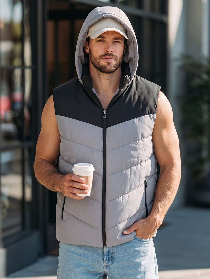 men colourblocked sleeveless hooded puffer jacket