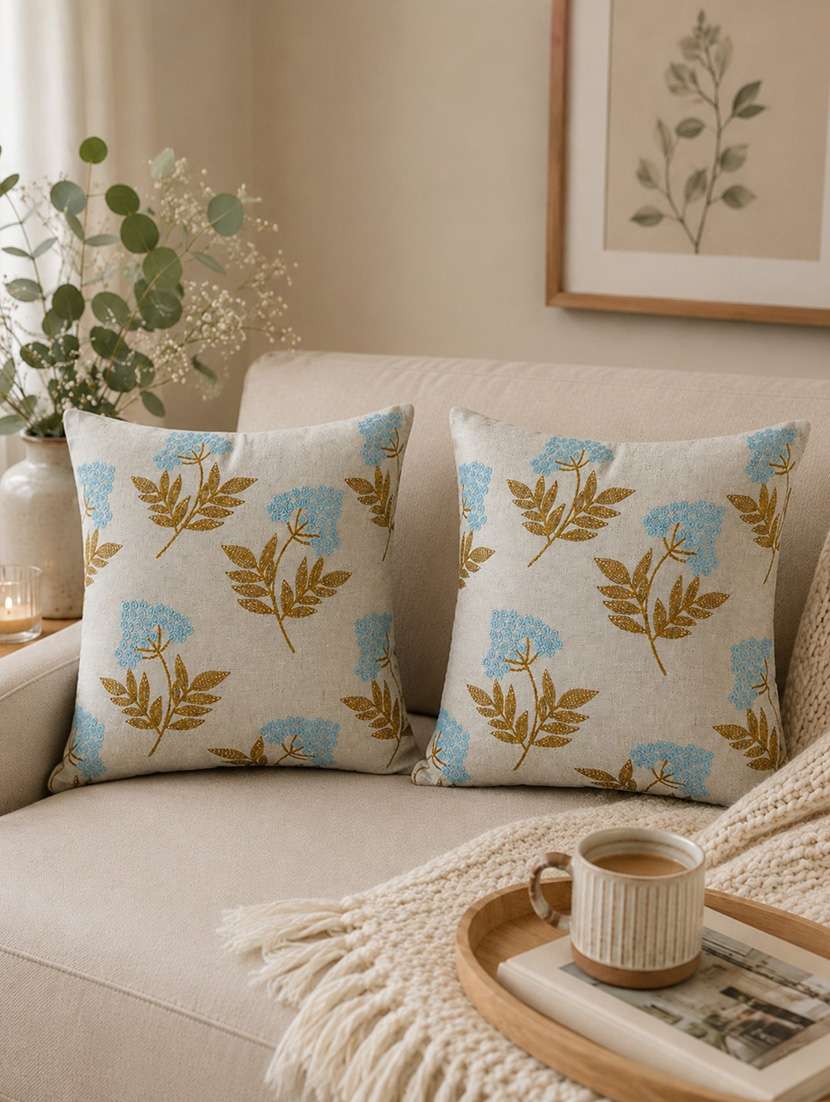 mezposh ice blue floral embroidered cotton cushion cover (16"x16")