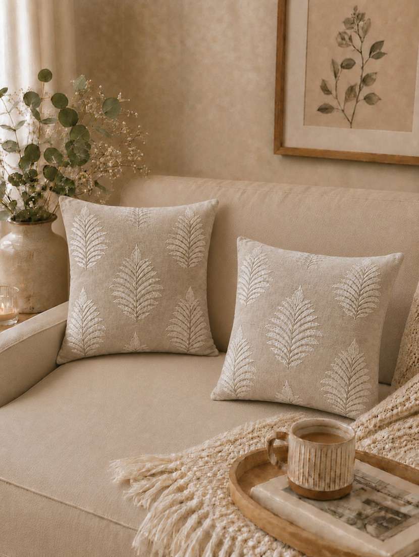 mezposh green botanical embroidered cotton cushion cover (16"x16")