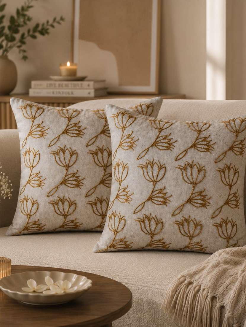 mezposh ice blue floral embroidered cotton cushion cover (16"x16")