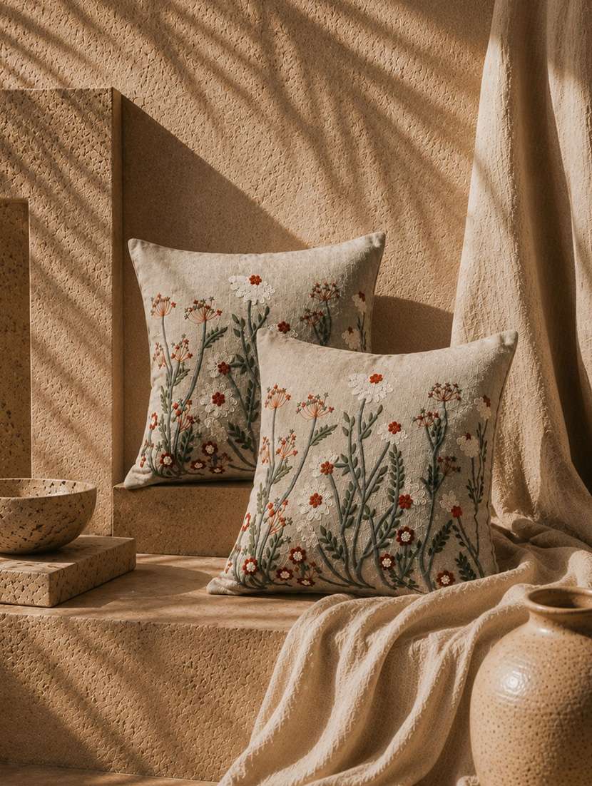 mezposh sage green floral embroidered cotton cushion cover (16"x16")