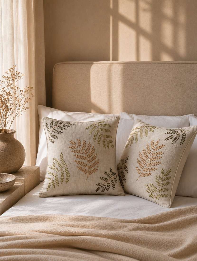 mezposh sage green botanical embroidered cotton cushion cover (16"x16")