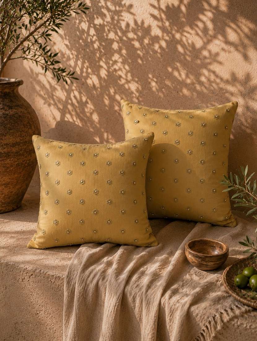 mezposh gold floral embroidered faux silk cushion cover (16"x16")