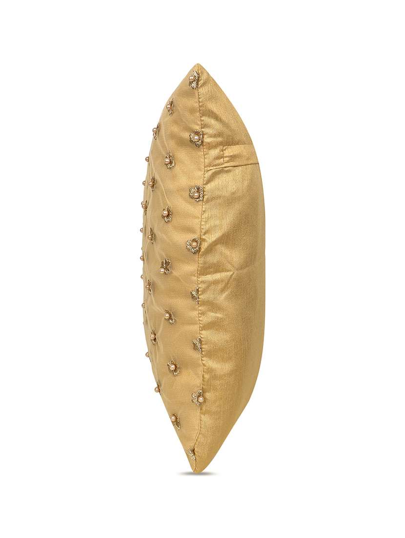 Mezposh Gold Floral Embroidered Faux Silk Cushion Cover (16"x16") - 22707235 -  Standard Image - 3