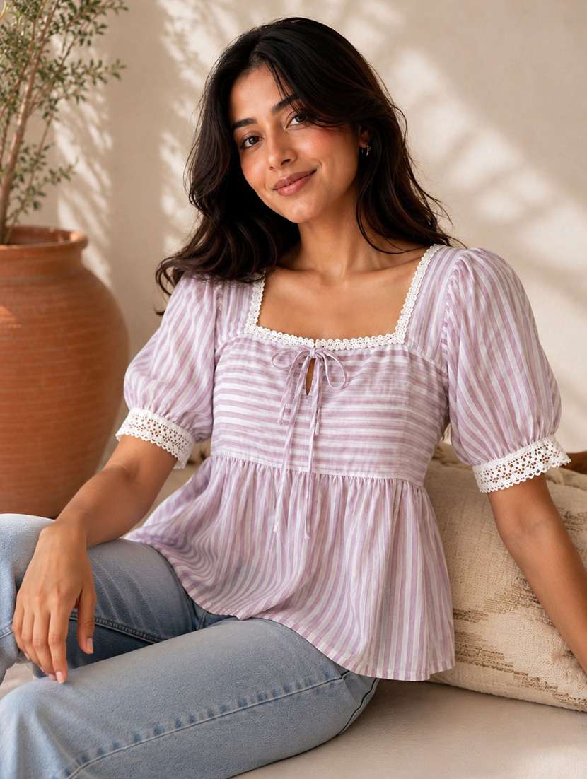 women striped short sleeves peplum top