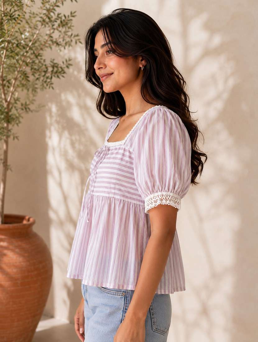 Women Striped Short Sleeves Peplum Top - 22707295 -  Standard Image - 3