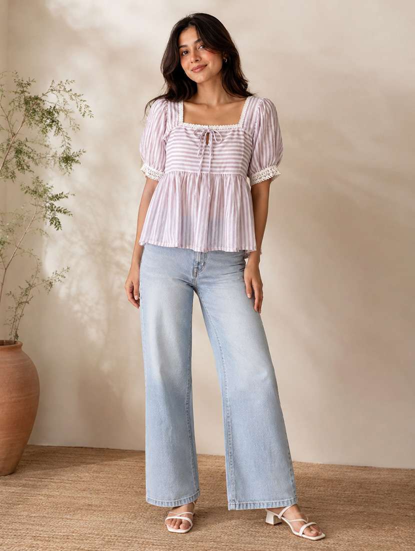 Women Striped Short Sleeves Peplum Top - 22707295 -  Standard Image - 5