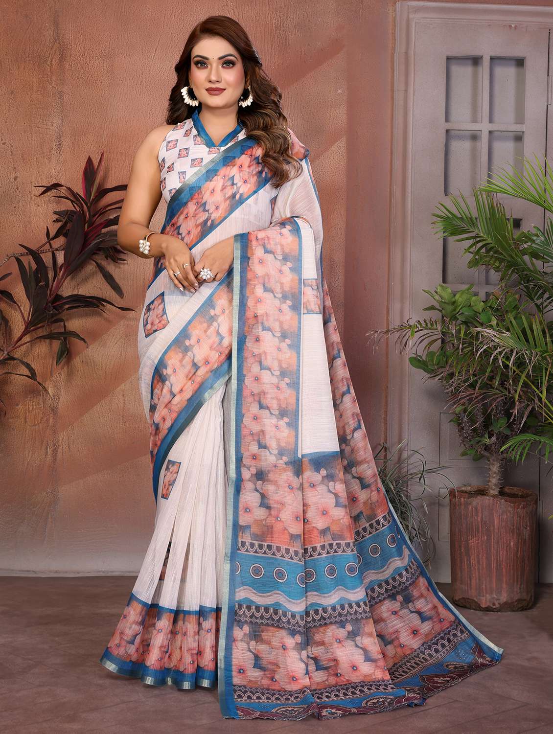 women printed casual wear saree with blouse