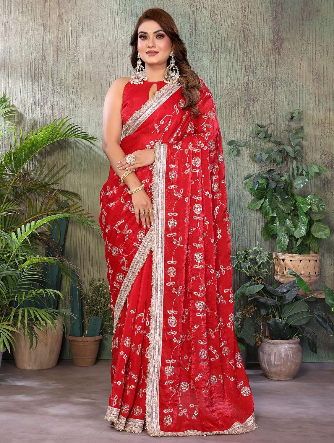 women solid with work embroidered saree with blouse