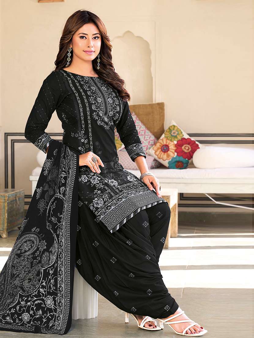Black Cotton Unstitched Suit - 22714158 -  Standard Image - 3