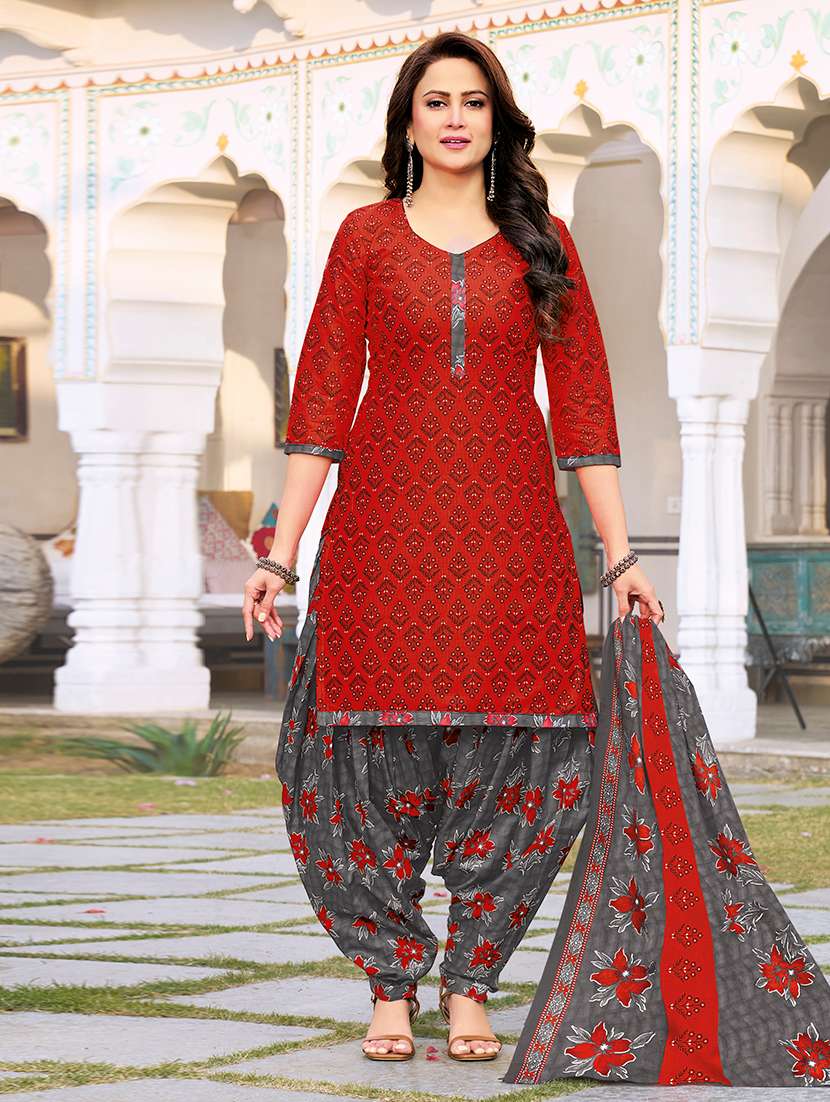 red cotton unstitched suit