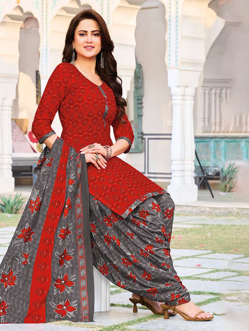 Red Cotton Unstitched Suit - 22714162 -  Standard Image - 3
