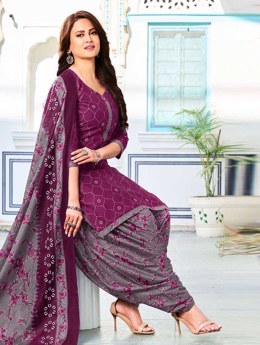 Purple Cotton Unstitched Suit - 22714163 -  Standard Image - 3