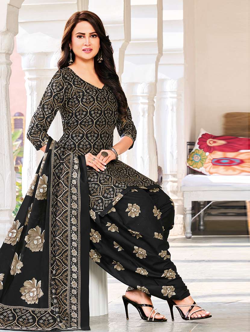 Black Cotton Unstitched Suit - 22714184 -  Standard Image - 3