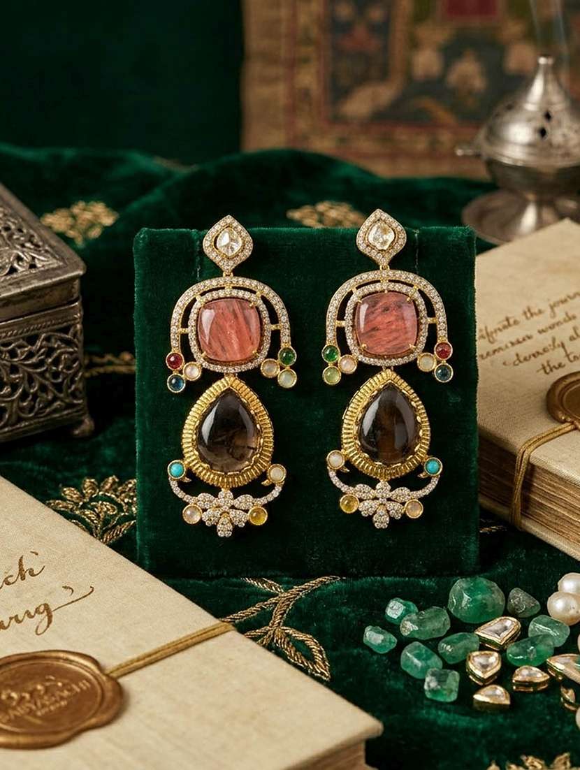 women drop multi stone brass earrings