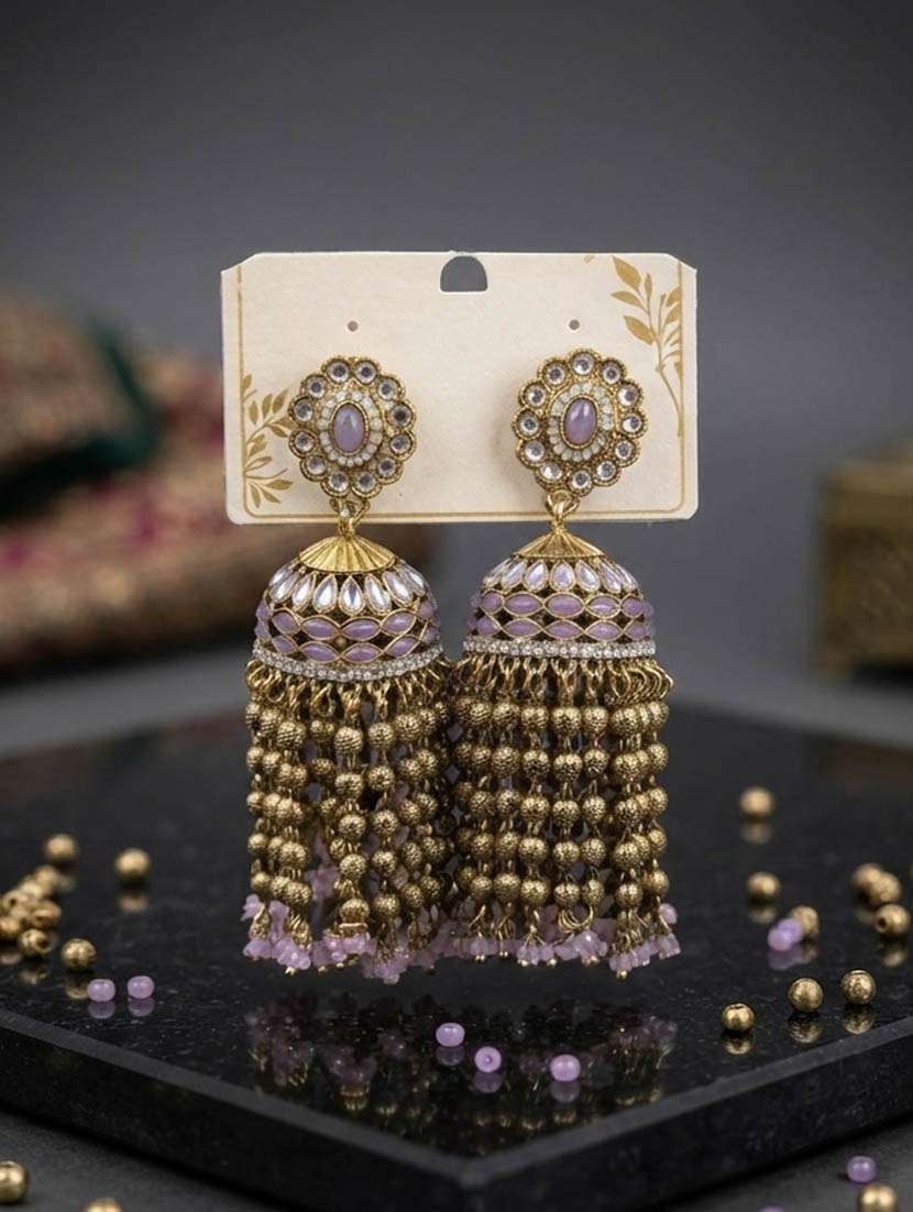 women kundan jhumka earrings with beads