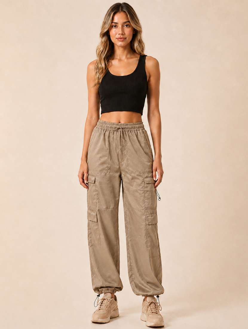 Women Solid High Rise Relaxed Fit Cargo - 22718723 -  Standard Image - 3
