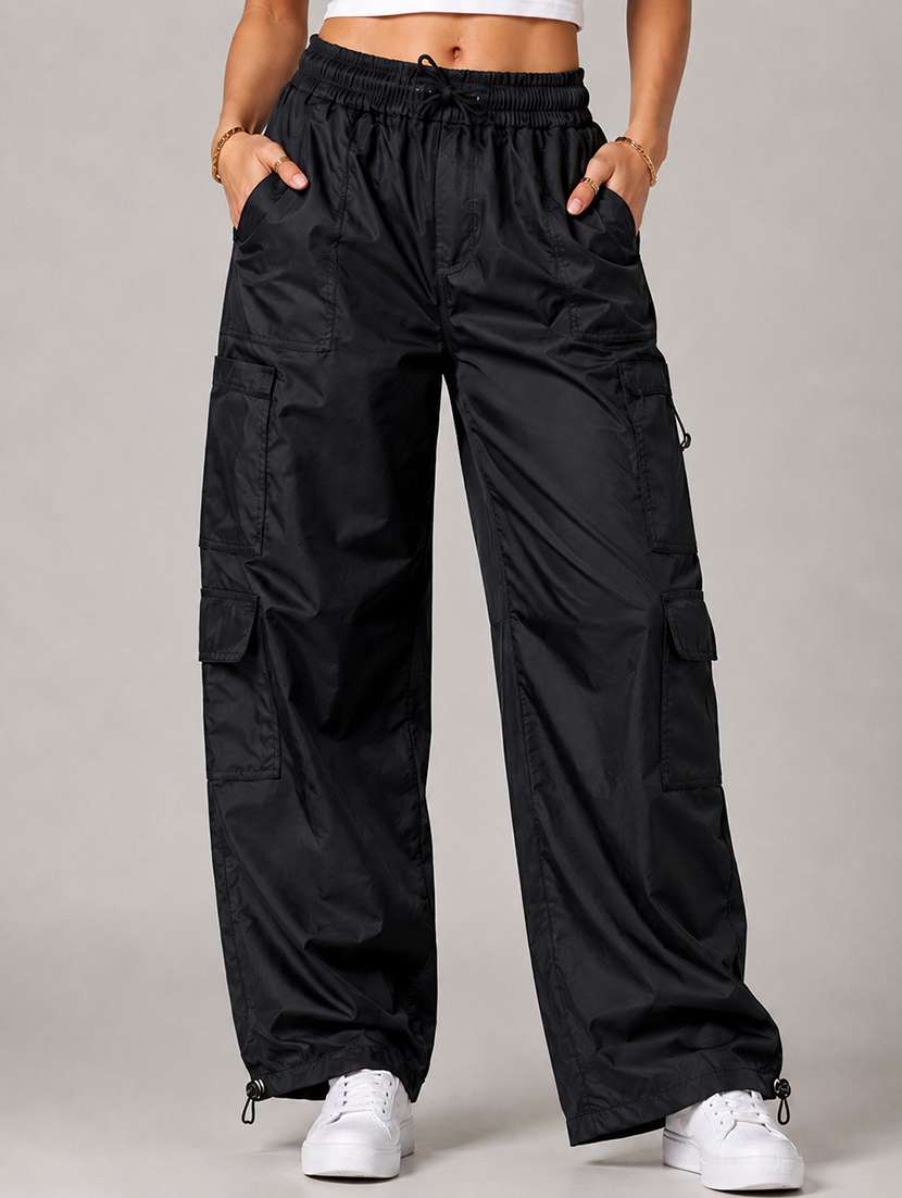 women solid high rise relaxed fit cargo