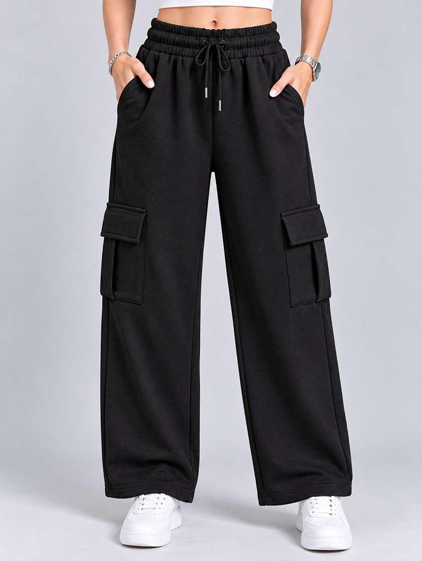 women solid high rise relaxed fit cargo