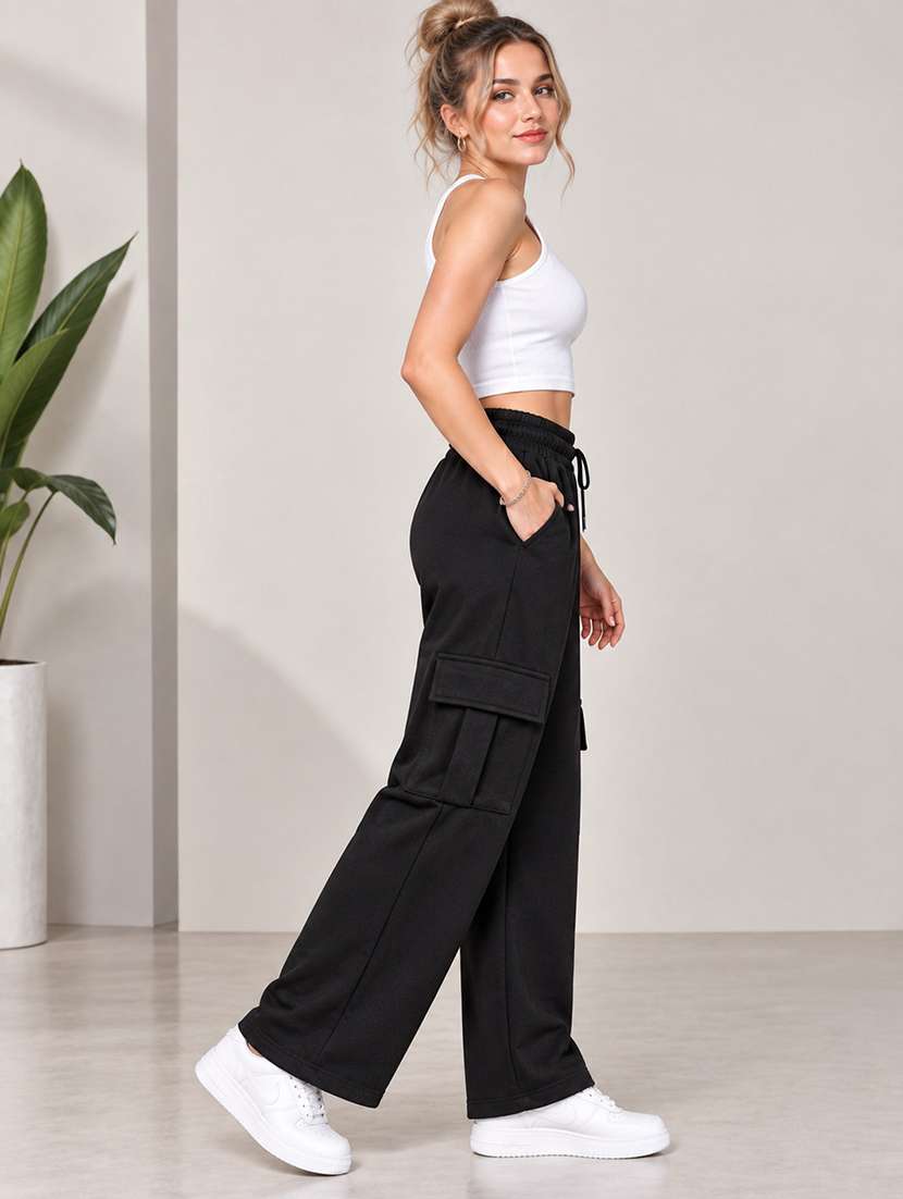 Women Solid High Rise Relaxed Fit Cargo - 22718730 -  Standard Image - 3