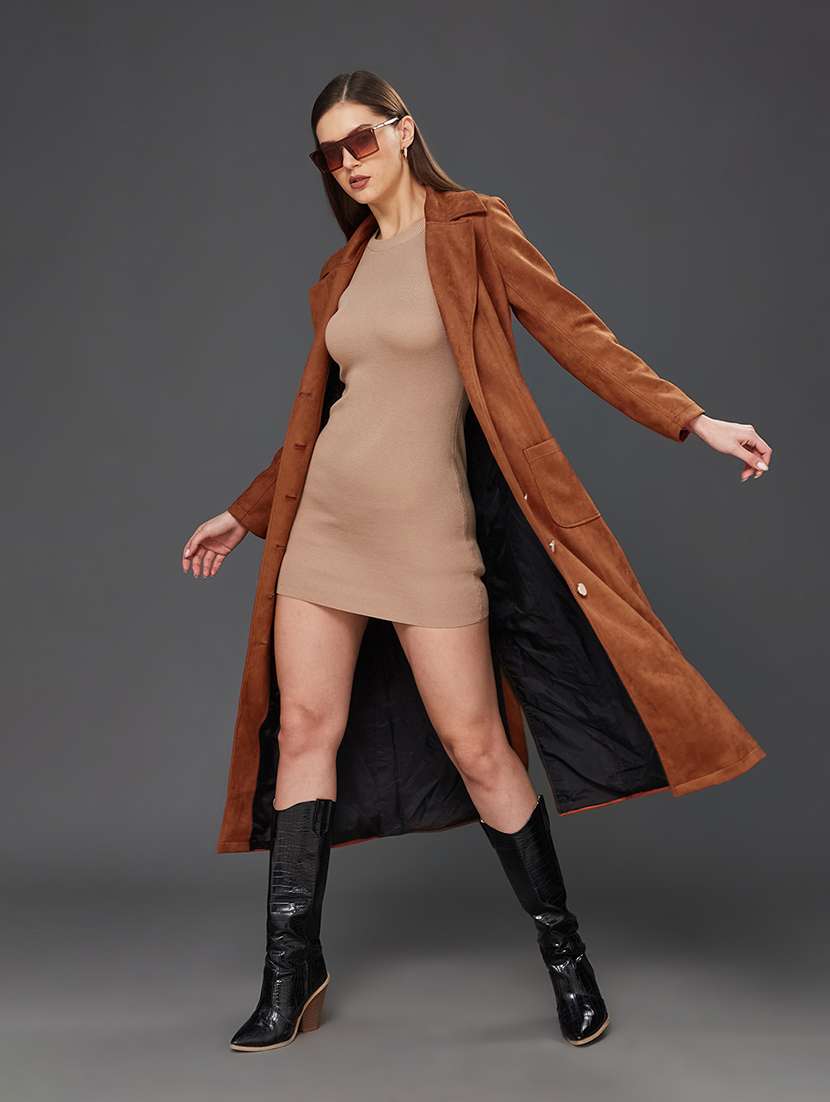 women solid long sleeves trench coat
