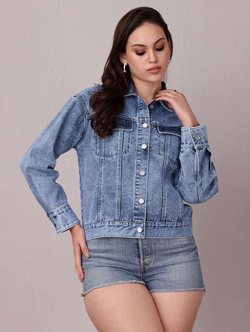 women solid long sleeves denim jacket