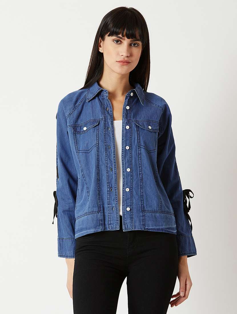 women solid long sleeves denim jacket