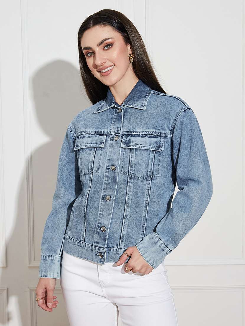 women solid long sleeves denim jacket