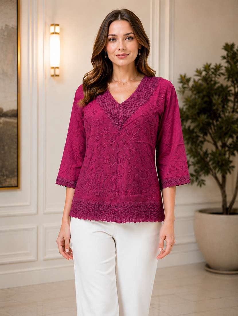 women embroidered three quarter sleeves regular top