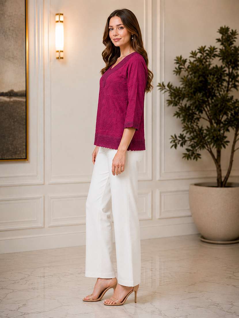 Women Embroidered Three Quarter Sleeves Regular Top - 22719481 -  Standard Image - 3