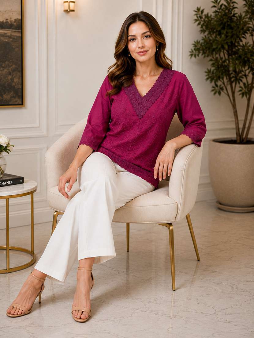 Women Embroidered Three Quarter Sleeves Regular Top - 22719481 -  Standard Image - 5