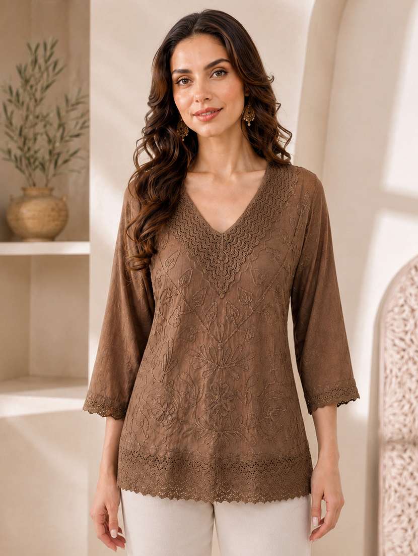 women embroidered three quarter sleeves straight kurti