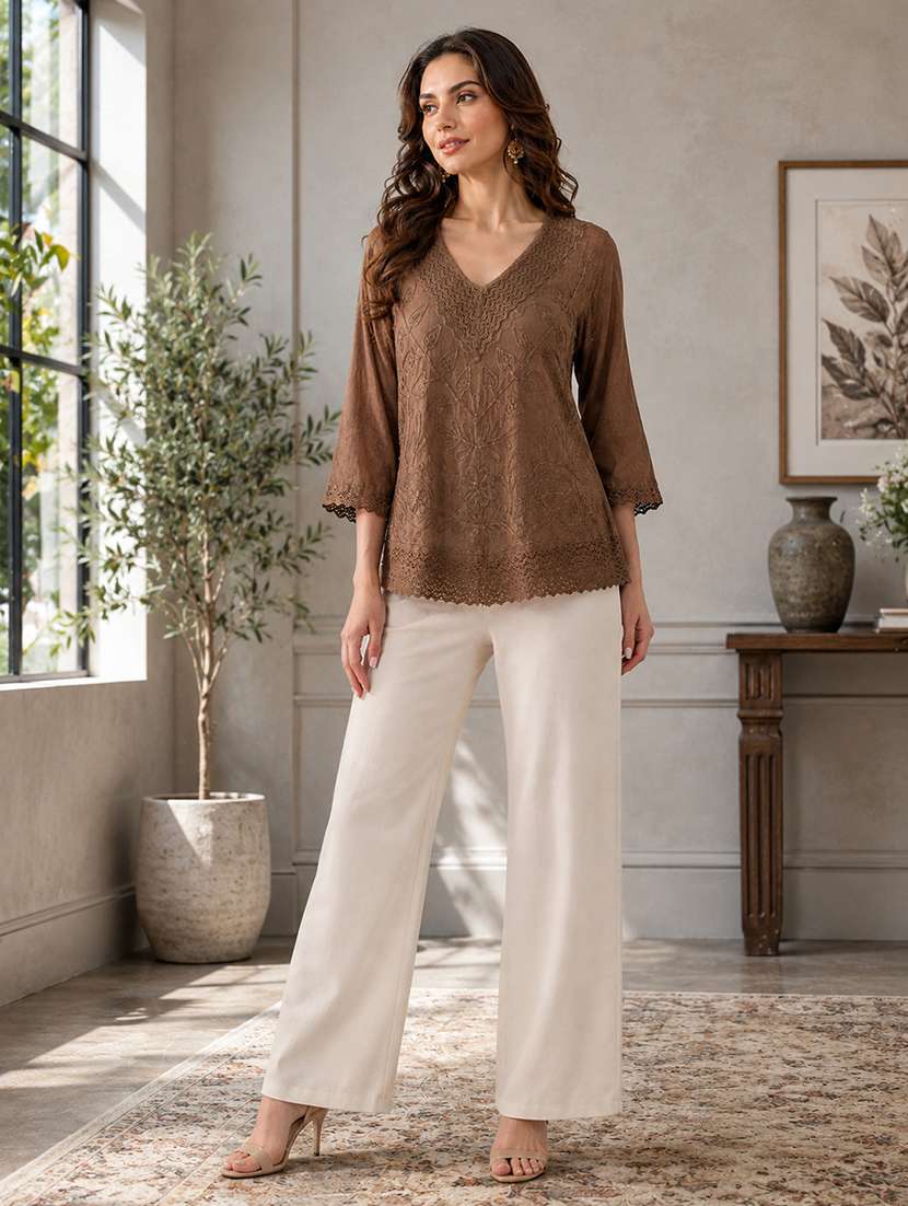 Women Embroidered Three Quarter Sleeves Straight Kurti - 22719482 -  Standard Image - 3