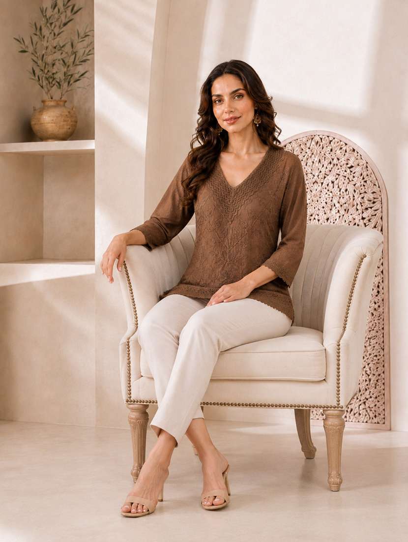 Women Embroidered Three Quarter Sleeves Straight Kurti - 22719482 -  Standard Image - 5