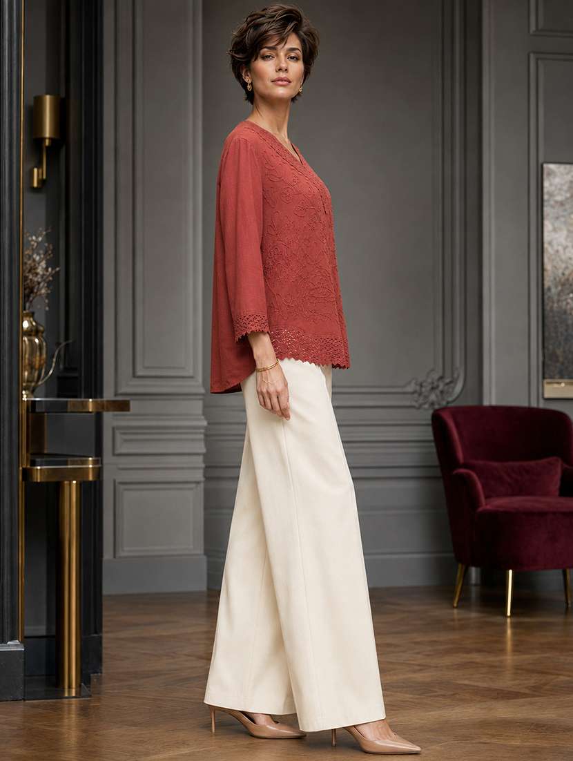 Women Embroidered Three Quarter Sleeves Regular Top - 22719484 -  Standard Image - 3