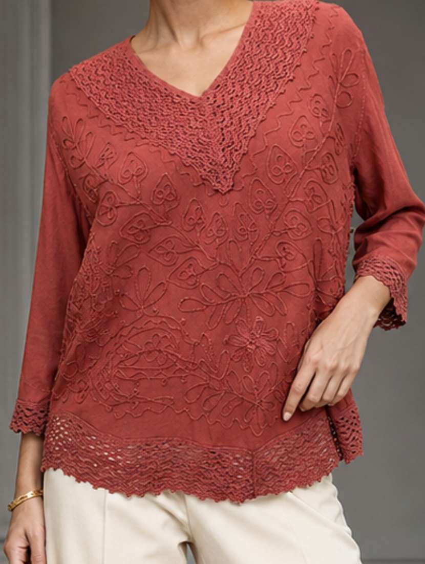 Women Embroidered Three Quarter Sleeves Regular Top - 22719484 -  Standard Image - 5