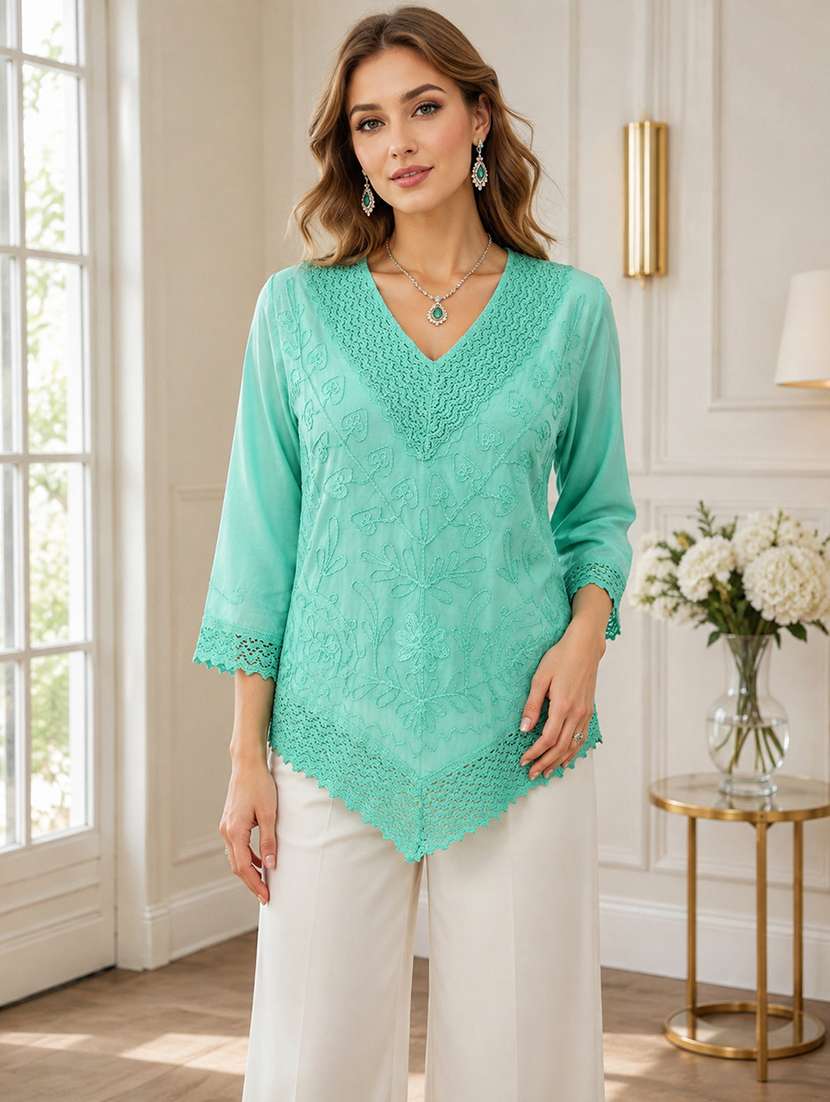 women embroidered three quarter sleeves straight kurti
