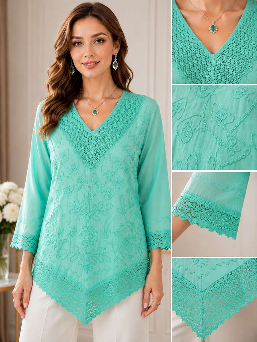 Women Embroidered Three Quarter Sleeves Straight Kurti - 22719486 -  Standard Image - 5