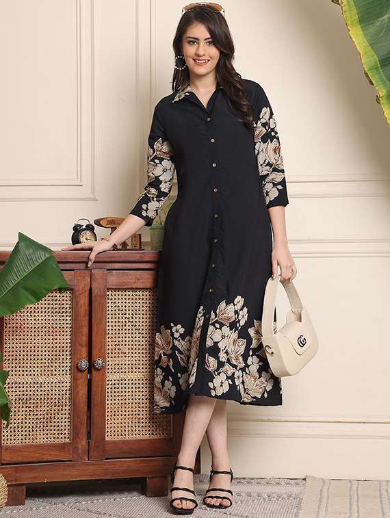 women printed three quarter sleeves a-line dress