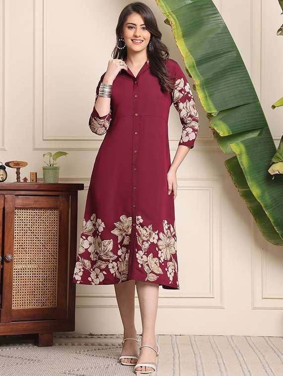 women printed three quarter sleeves a-line dress