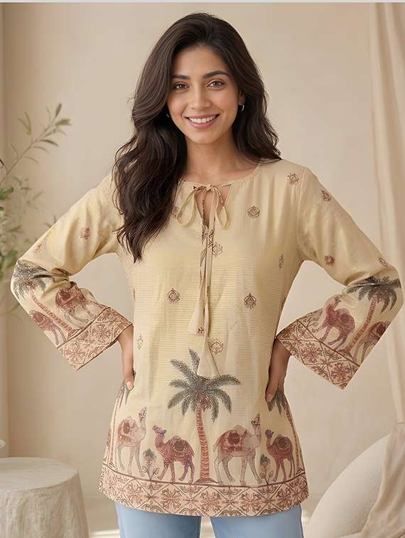 women embroidered long sleeves straight kurti