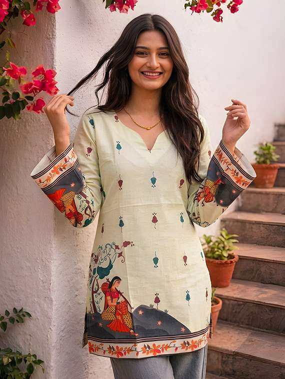 women printed three quarter sleeves straight kurti
