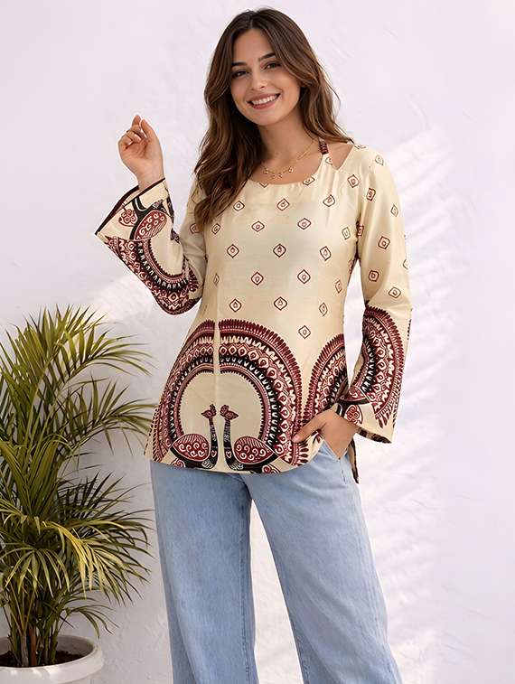 women printed long sleeves straight kurti