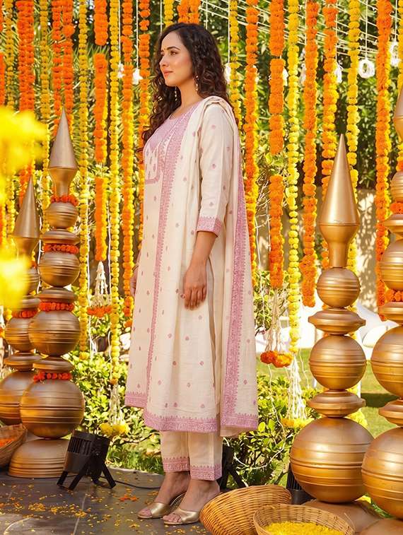 Women Self Design Three Quarter Sleeves Kurta Pant Set With Dupatta - 22719613 -  Standard Image - 3