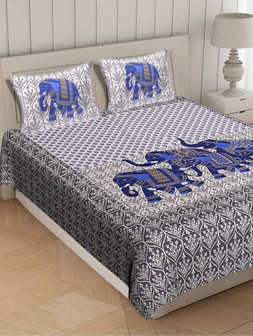 cotton printed elephant bedsheet set with 2 pillow covers